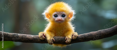 A Cute Baby Yellow Monkey Sitting on a Tree Branch in a Lush Green Forest, Playfully Observing Its Surroundings, Evoking a Sense of Innocence and Nature's Charm