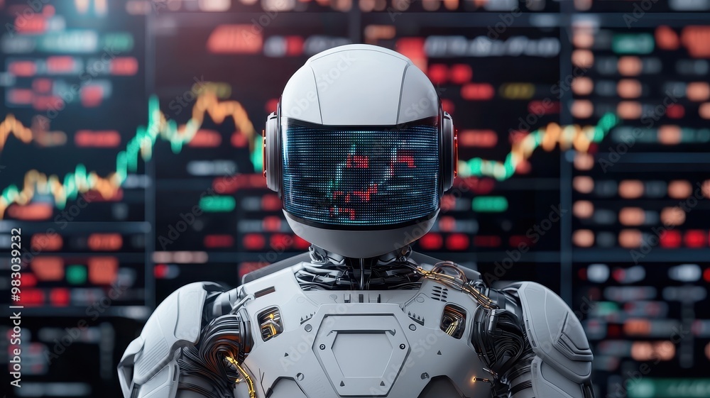 A futuristic robot stands before a digital financial chart, symbolizing technology's impact on stock trading and investment. A futuristic robot stands before a digital financial chart, symbolizing technology's impact on stock trading and investment.