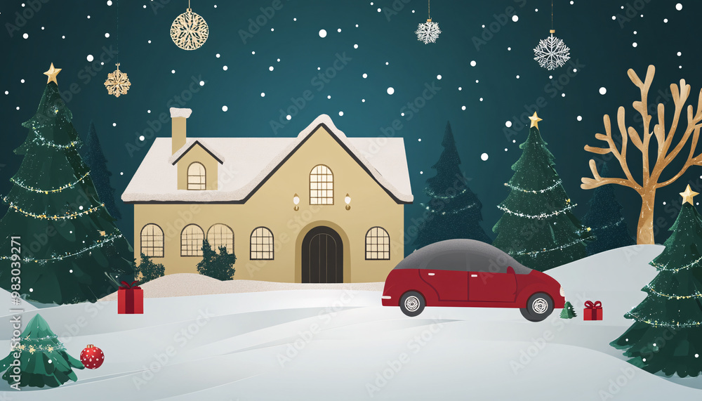 Fototapeta premium Charming winter scene with a house and decorated trees.