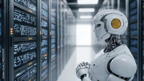 A futuristic robot stands in a high-tech data center, observing rows of servers, representing advanced technology and innovation.