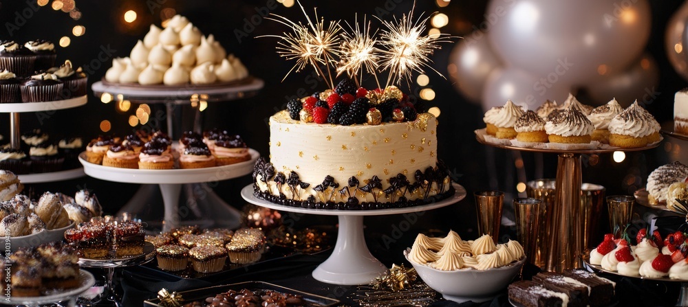 Festive New Year Dessert Table with Sweets, Pastries, and Glittering Fireworks Cake Decor Festive New Year Dessert Table with Sweets, Pastries, and Glittering Fireworks Cake Decor