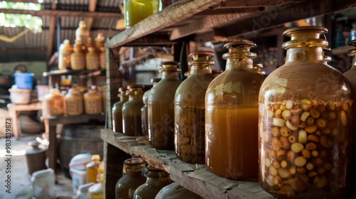 Rustic Kitchen Shelves with Variety of Bottled Spices and Herbs