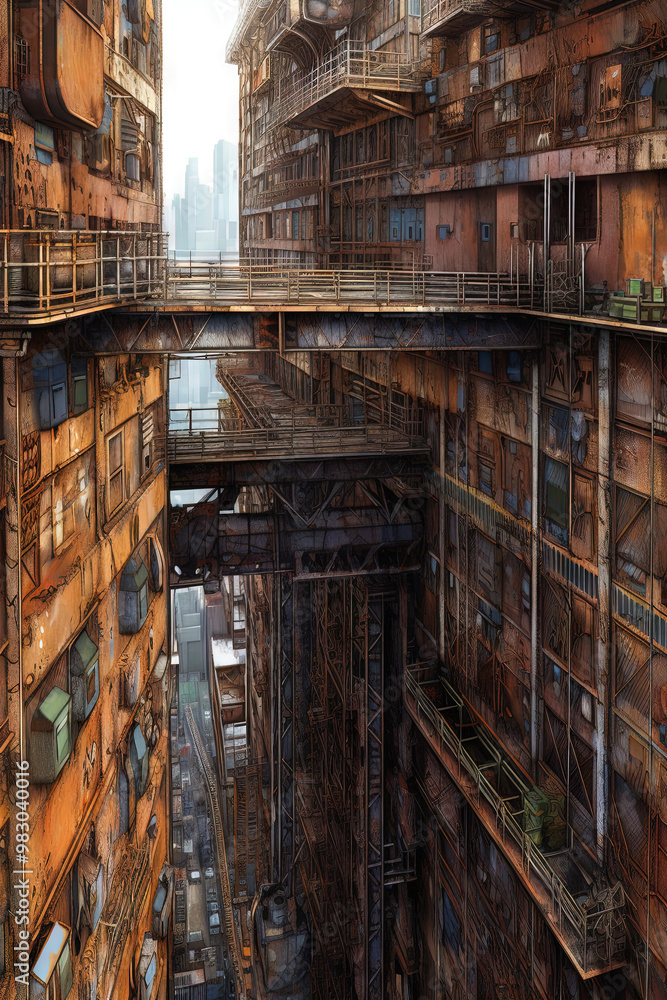 Fototapeta premium Rusty industrial constructions over decayed city. Post-apocalyptic sci-fi landscape with city ruins.