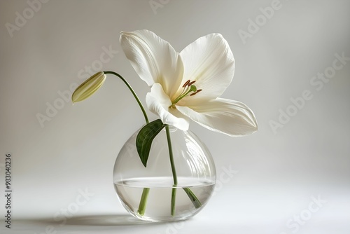 Elegant white lily in a glass vase with water on a light background