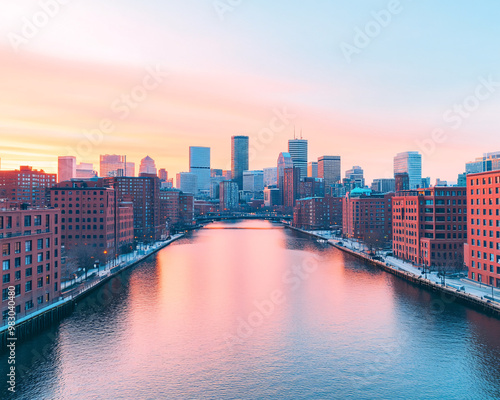 City skyline reflection on tranquil river at sunset. photo