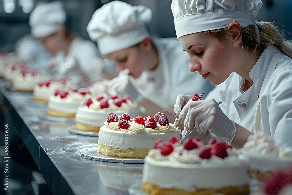 Pastry chefs decorating cakes with fresh raspberries in a bakery Pastry chefs decorating cakes with fresh raspberries in a bakery