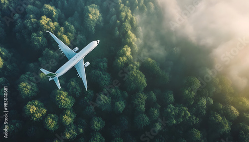 Wallpaper Mural Airplane Flying Over Lush Green Forest - Aerial View Torontodigital.ca