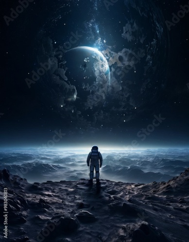 A lone astronaut stands on the rocky terrain of an alien planet, gazing at Earth hanging in a dark, starry sky. The stunning view evokes a sense of isolation, wonder, and exploration of the unknown.