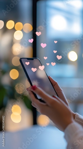 Smartphone displaying romantic messages, used in the evening, highlights the appeal of digital dating in an urban setting. photo