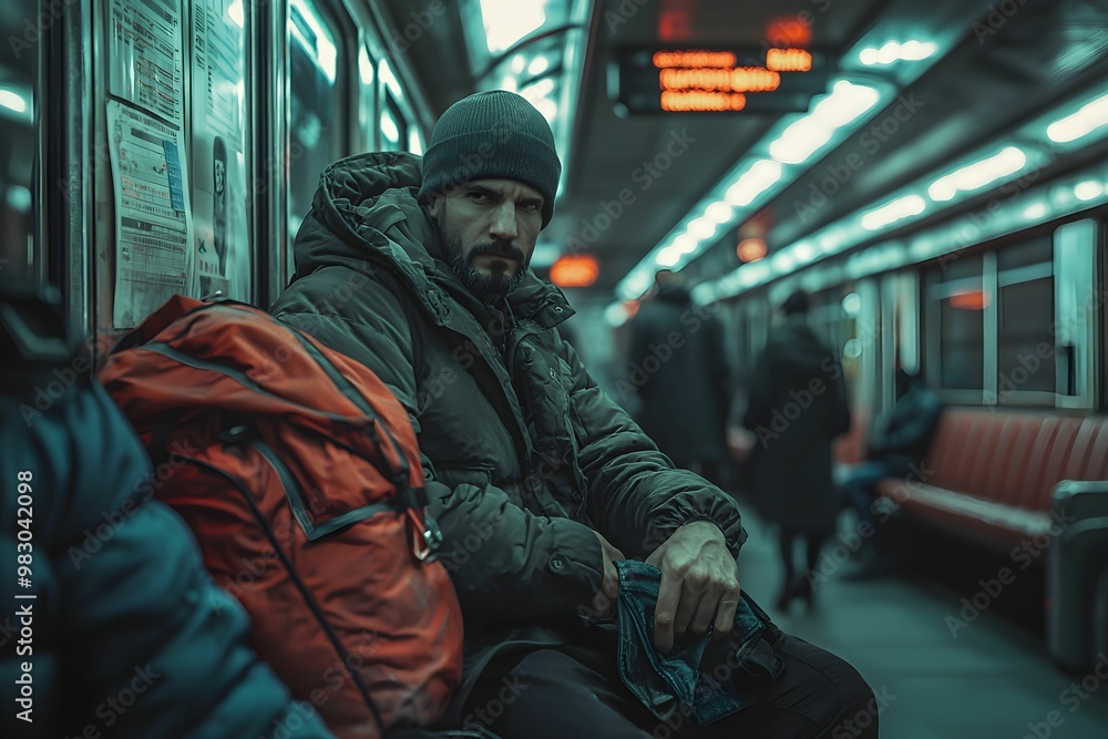 A man with a backpack sitting alone on a subway train in winter A man with a backpack sitting alone on a subway train in winter