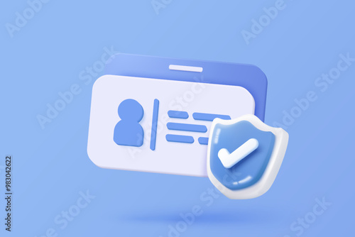 3d business card icon for present branding, corporate identity, advertising contact with shield protection. Card human resources, staff company. 3d identity security icon vector render illustration