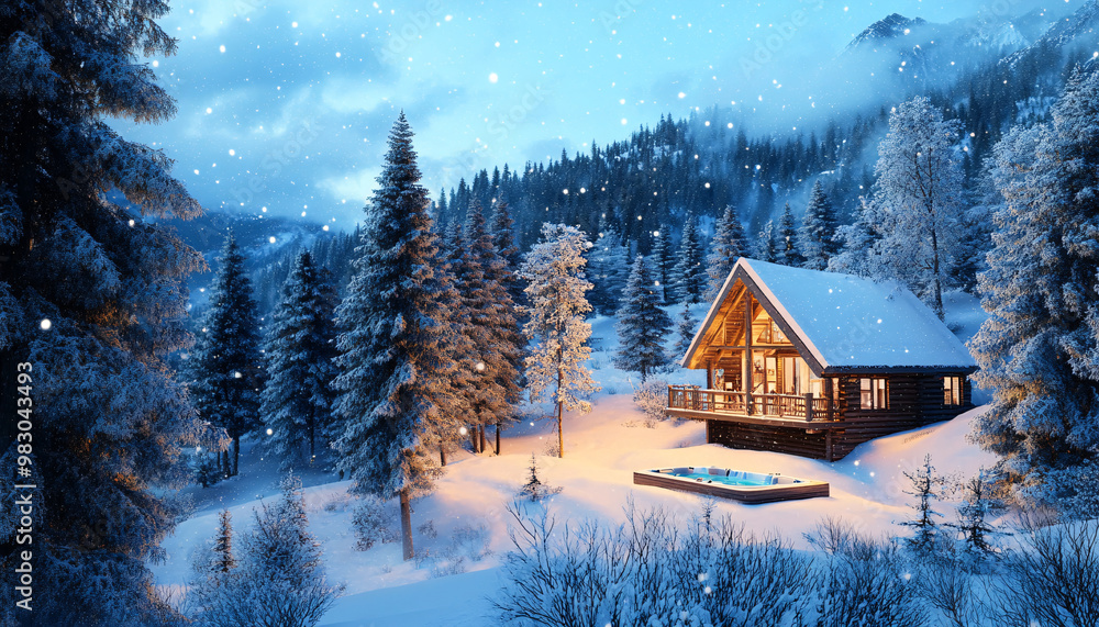 Cozy cabin in snowy forest with serene winter landscape. Cozy cabin in snowy forest with serene winter landscape.