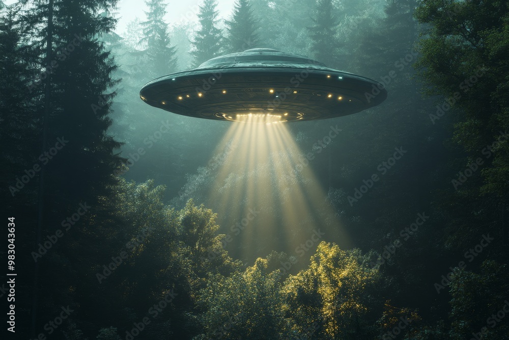 Obraz premium Mysterious UFO hovers over a dense forest, casting beams of light on the trees during twilight hours