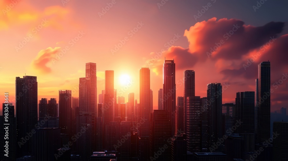 Fototapeta premium Stunning city skyline at sunset, showcasing silhouette buildings against a vibrant orange and purple sky.