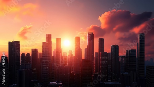 Stunning city skyline at sunset, showcasing silhouette buildings against a vibrant orange and purple sky.