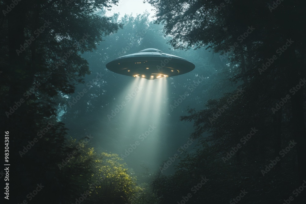 A mysterious spacecraft hovers above a forest clearing, casting bright beams of light in early morning fog A mysterious spacecraft hovers above a forest clearing, casting bright beams of light in early morning fog