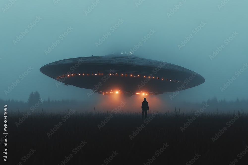 Mysterious figure stands before a glowing flying saucer in a foggy landscape at dusk Mysterious figure stands before a glowing flying saucer in a foggy landscape at dusk
