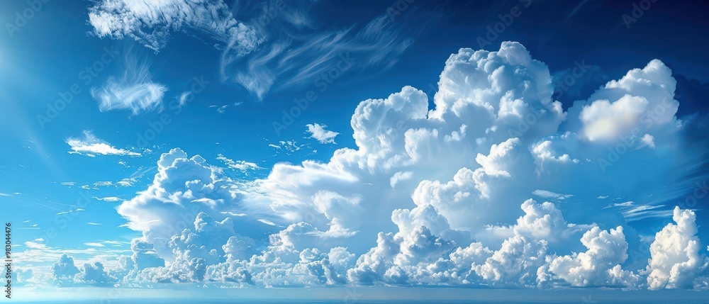 A panoramic view of a blue sky with fluffy white clouds, creating a calming effect. Free copy space for text.