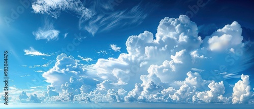A panoramic view of a blue sky with fluffy white clouds, creating a calming effect. Free copy space for text.