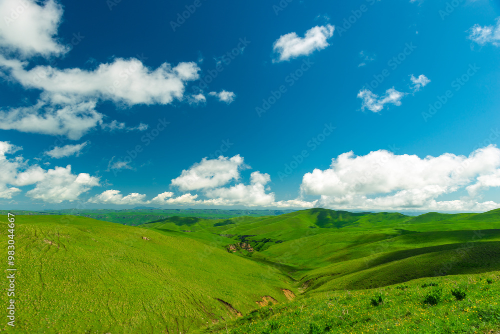Beautiful landscape with low green hills in sunny weather. Caucasus Beautiful landscape with low green hills in sunny weather. Caucasus