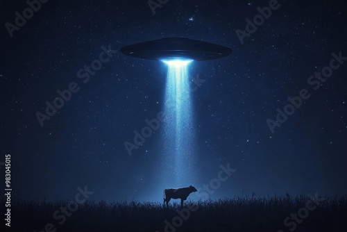 A cow stands alone in a field as a mysterious spacecraft emits a beam of light on a starry night