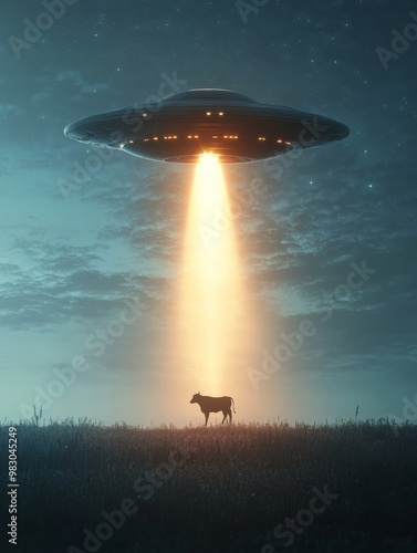 A UFO hovers over a field at dusk, beaming light down onto a solitary cow beneath the eerie glow of an alien spacecraft photo