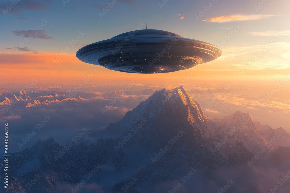 A futuristic flying saucer hovers above majestic mountains during a colorful sunset, blending technology with nature's beauty A futuristic flying saucer hovers above majestic mountains during a colorful sunset, blending technology with nature's beauty