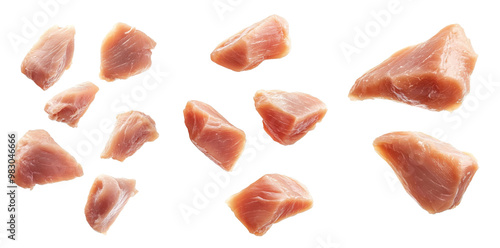 Set of Falling Raw chicken, fillet, isolated on white background, clipping path, full depth of field