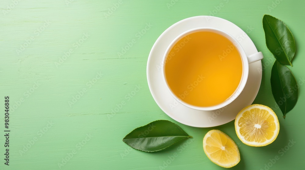 A refreshing cup of lemon tea on a green background, garnished with lemon slices and leaves, perfect for relaxing moments. A refreshing cup of lemon tea on a green background, garnished with lemon slices and leaves, perfect for relaxing moments.