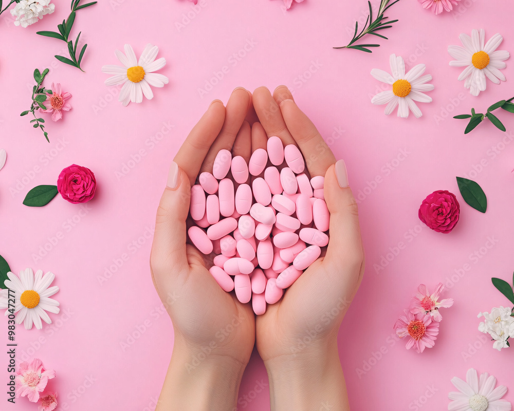 Hands holding pink candies surrounded by flowers on pink background. Hands holding pink candies surrounded by flowers on pink background.