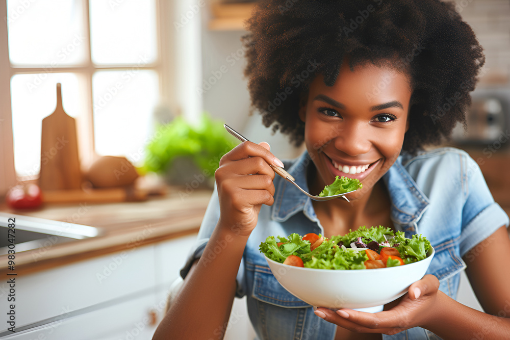 Smiling woman enjoying a fresh salad in a bright kitchen for a healthy, vibrant lifestyle Smiling woman enjoying a fresh salad in a bright kitchen for a healthy, vibrant lifestyle