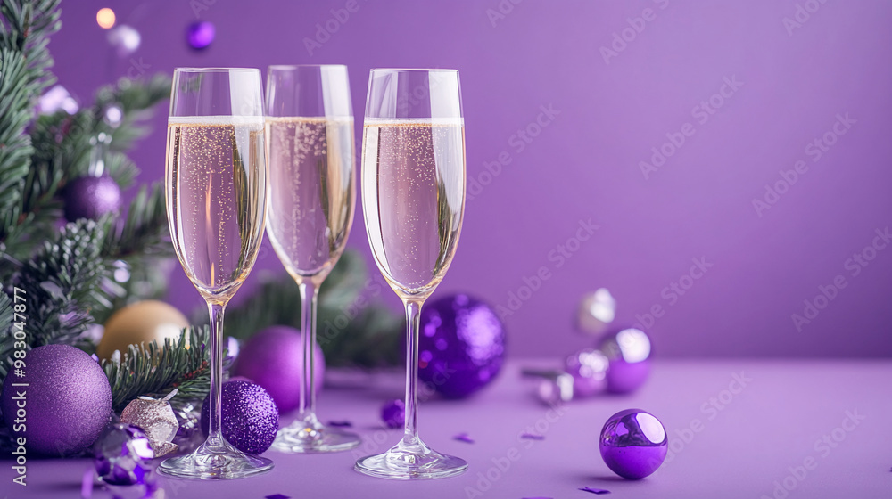 New Year's Eve celebration with champagne glasses and party decorations background New Year's Eve celebration with champagne glasses and party decorations background