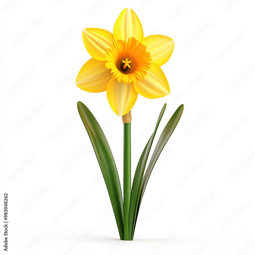 Fototapeta premium A single yellow daffodil with green leaves set against on a white background.