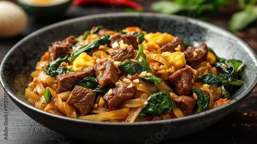 Stir fry chow mien noodles with pork and vegetable, Asian stir fry noodle dish with copy.