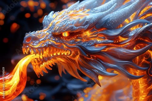 Majestic fiery dragon breathing flames in a mystical fantasy setting photo