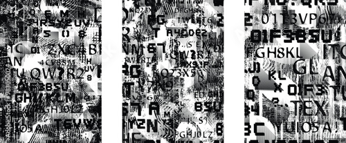 Set of posters with glitch distorted grunge texture. Poster collection texture with halftone dots, glitched shapes, textures and lines .Screen print vector poster pack with grunge textured surface