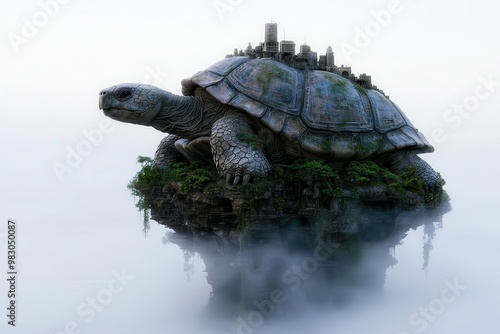 A giant tortoise carrying a city on its shell, floating in a misty environment. photo