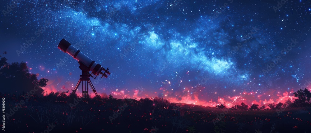 Silhouette of a telescope on a hillside against a starry night sky background. This image could be used as an illustration, banner, or as a space for text. Silhouette of a telescope on a hillside against a starry night sky background. This image could be used as an illustration, banner, or as a space for text.