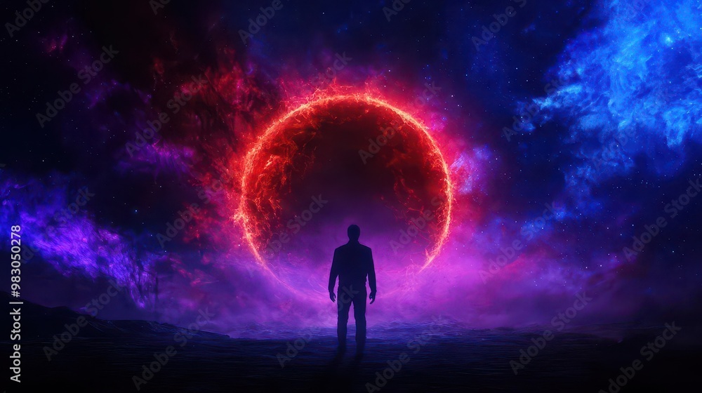 A silhouette of a person standing in front of a cosmic portal with vibrant colors. A silhouette of a person standing in front of a cosmic portal with vibrant colors.
