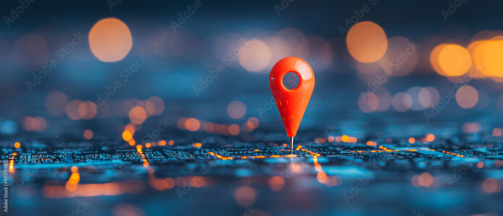 Red location pin on a blurred urban background, city mapping. Red location pin on a blurred urban background, city mapping.