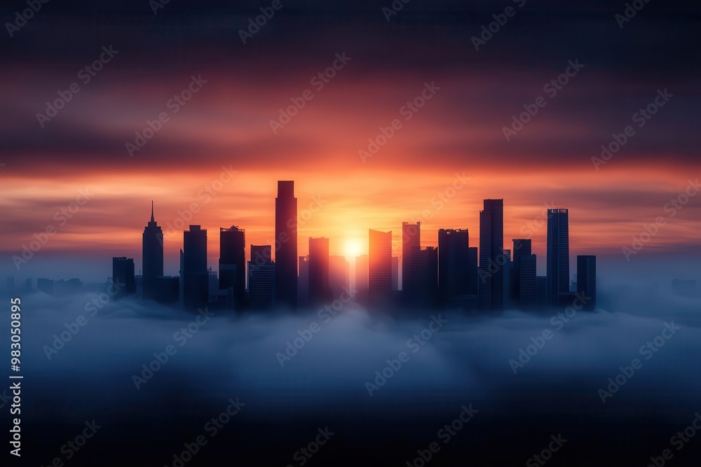 City skyline silhouette at sunset above the fog, vibrant sky colors. City skyline silhouette at sunset above the fog, vibrant sky colors.