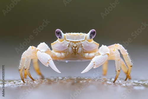 Close-up of a crab with wet claws on a blurred background.