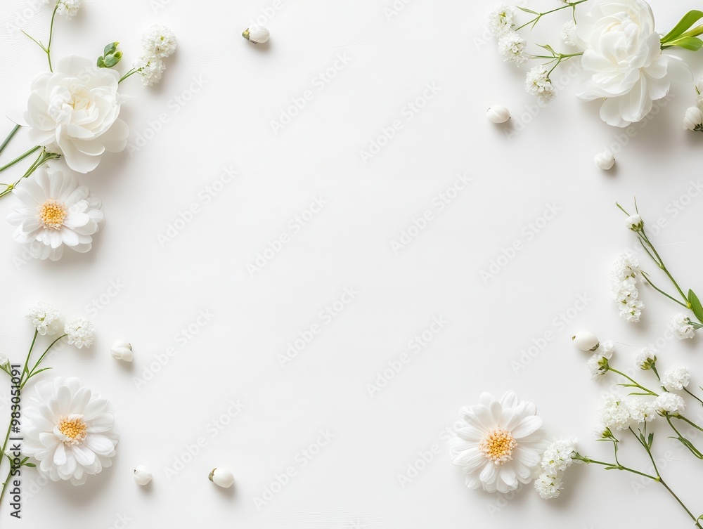 Minimal white flower frame on white background. Minimal white flower frame on white background.