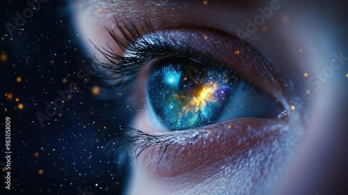 Close-up of an eye reflecting the cosmos and starry universe.