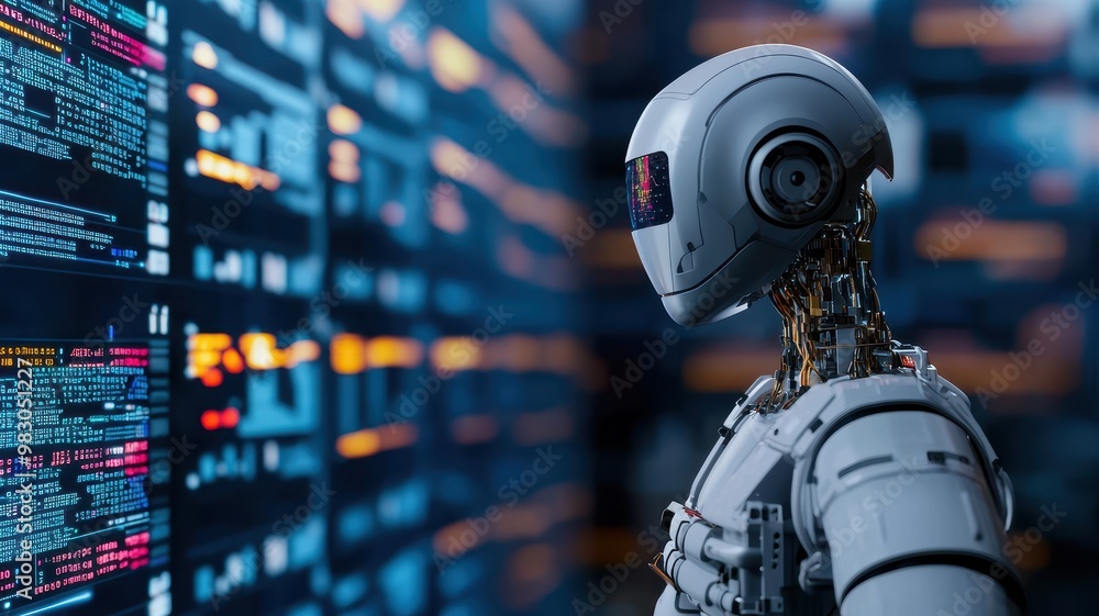 Futuristic robot contemplating data in a digital environment, symbolizing technology and innovation in artificial intelligence. Futuristic robot contemplating data in a digital environment, symbolizing technology and innovation in artificial intelligence.