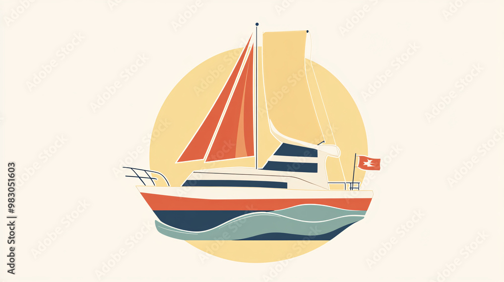 Sailboat with red sails, graphic style, white isolate background Sailboat with red sails, graphic style, white isolate background