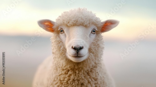 Cute sheep with soft wool, standing against a blurred natural background. photo