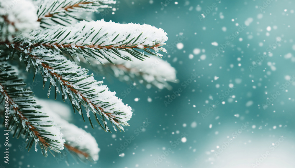 Snow-covered pine branch with soft falling snow, winter wonderland. Snow-covered pine branch with soft falling snow, winter wonderland.