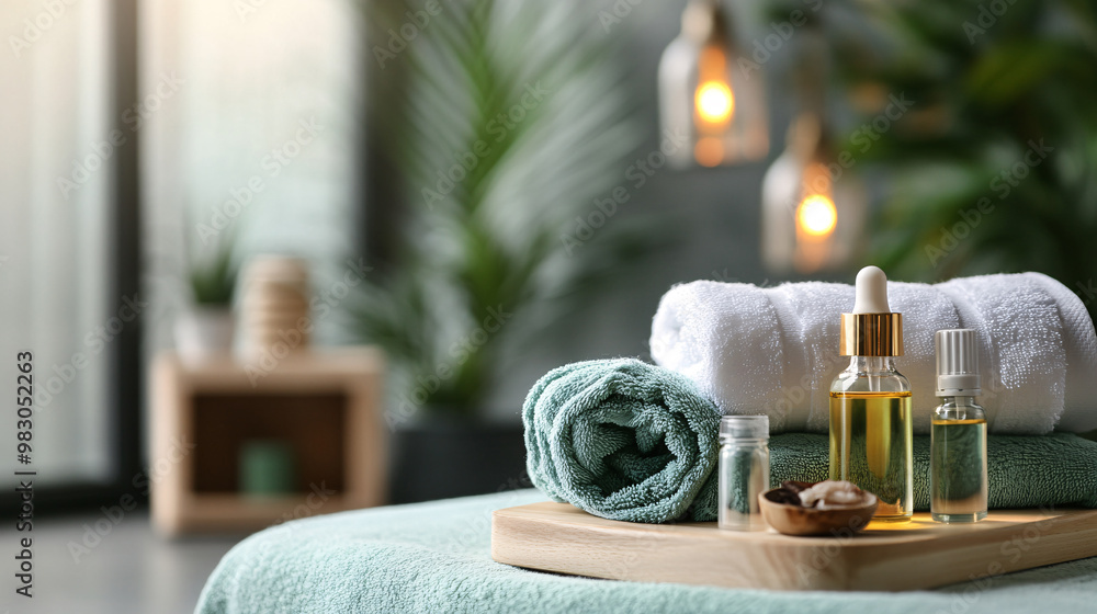 Spa setup with towels, essential oils, and calming ambiance. Spa setup with towels, essential oils, and calming ambiance.