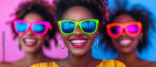 Three friends wearing colorful sunglasses and smiling joyfully.